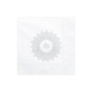Białe serwetki komunijne IHS - srebrna hostia