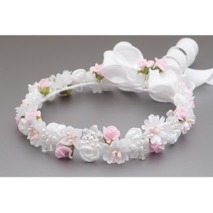 Wianek komunijny biały z różowym 07M