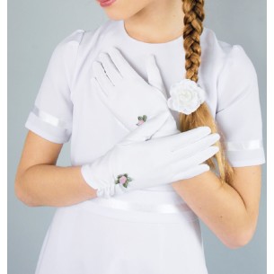 rękawiczki komunijne z różowym kwiatem