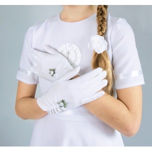 rękawiczki komunijne z zielonym kwiatem