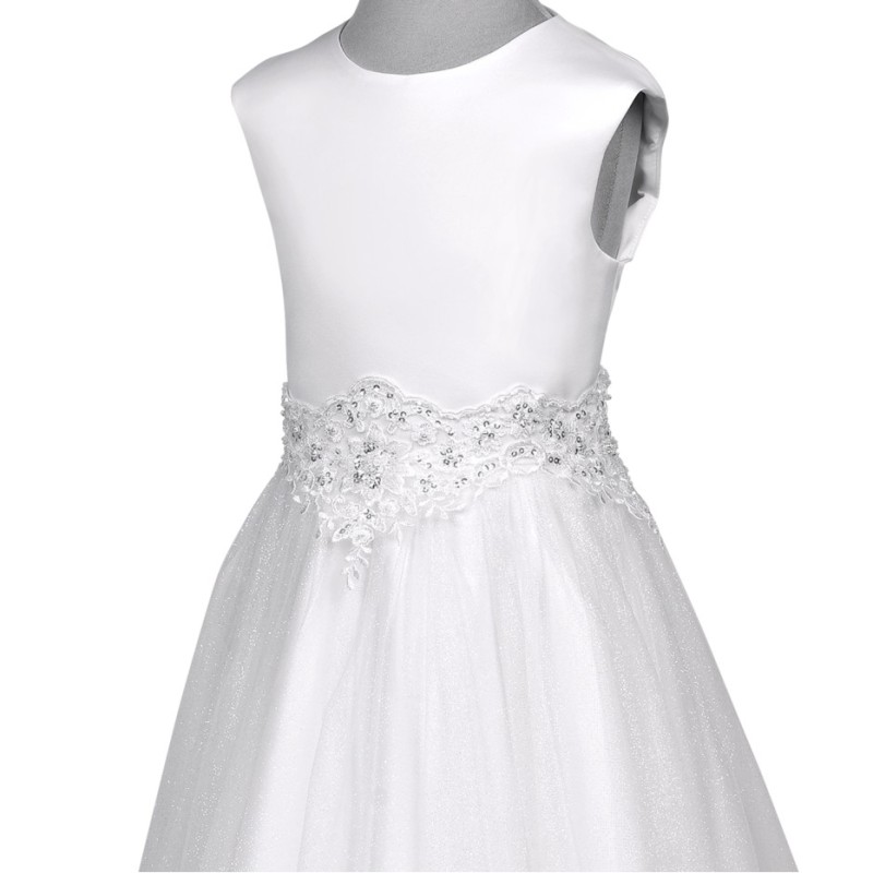 Biała Sukienka komunijna Kryształowa z srebrzystym tiulem