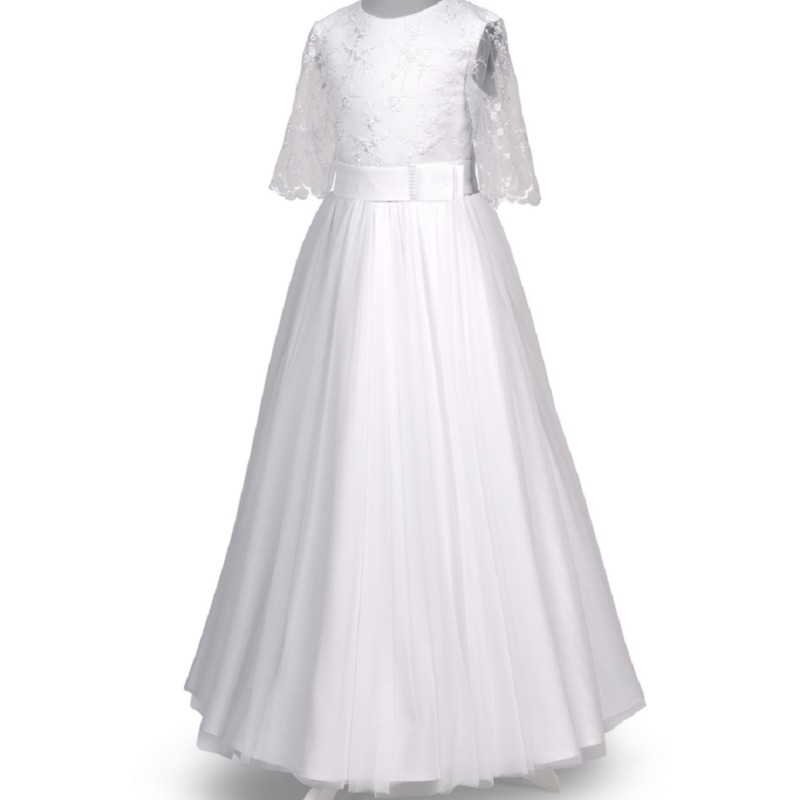 Biała Sukienka komunijna Karen z koronki, tiul