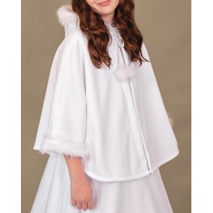 Biała peleryna z kapturem do komunii.  Śnieżnobiała