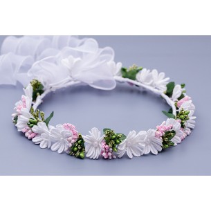 Wianek komunijny  biały z różowym i zielonym 222